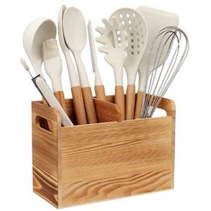 25 pc KITCHEN UTENSIL SET w/ WOODEN HOLDER - Wood Handles/Silicone Spoon+Spatula